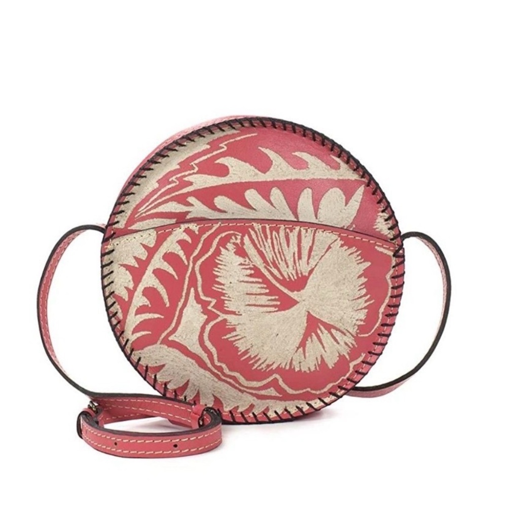Patricia Nash Pink and Cream Cuba Carved Leather Crossbody Bag
